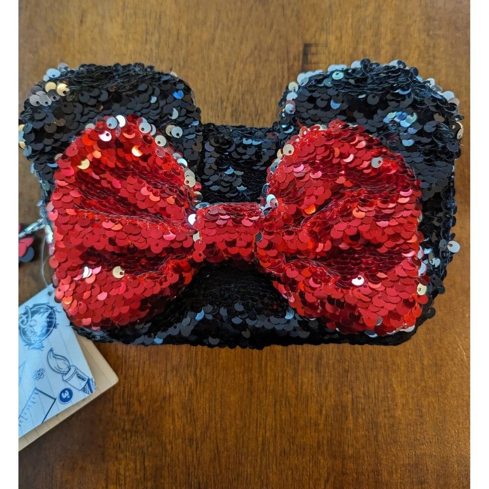 Disney Parks Minnie Mouse Bow Reversible Sequin Pencil Case Bag - NEW